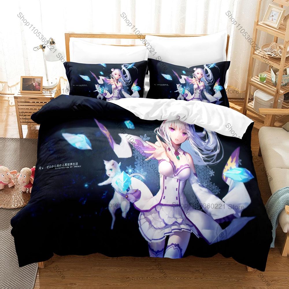 Re Zero Rem Ram Themed Duvet Cover + 2 Pillowcases Vibrant Anime Graphic Cozy Home & Dorm Bedding