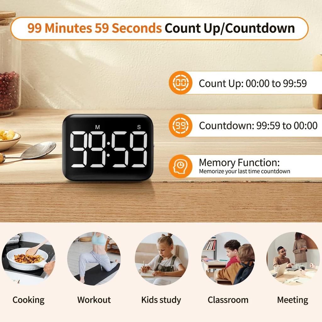 Kitchen & Classroom Timer with Strong Magnet, Digital Countdown/Up, Large Display with Adjustable Brightness & Sound Easy to Use