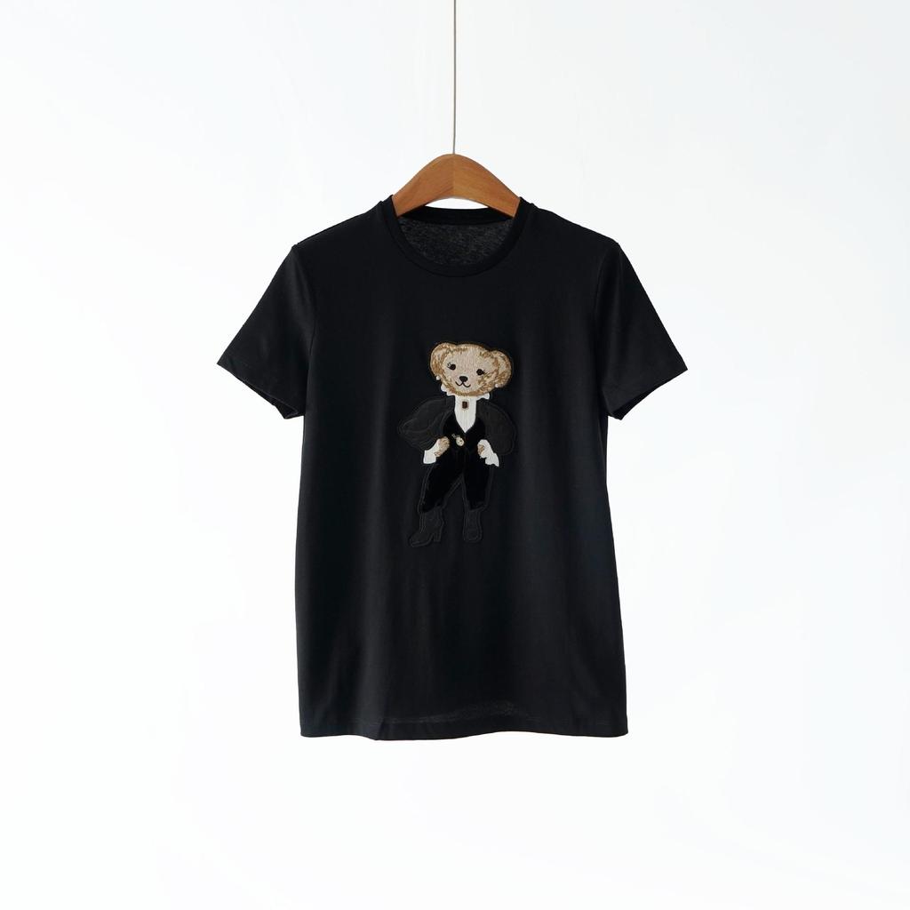 Early Spring Women's T-Shirt: 100% Long-Staple Cotton, Heavy Embroidery, Little Bear Design, Round Neck, Short Sleeve.