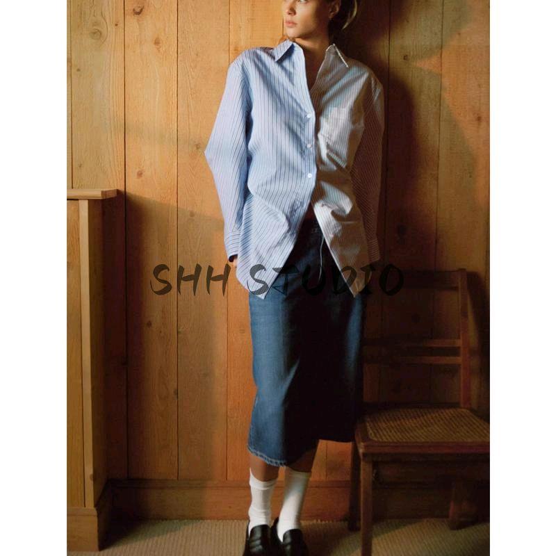 Spring New Women clothes Western Style All-Match Patchwork Stripe Poplin Loose Lapel Shirts 4764020