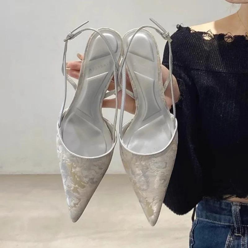 Fashion Fashion Print Thin Heels Pumps for Women Summer Pointed Toe Med Heels Sandals Woman Ankle Strap Chinese Style Slingbacks Pumps