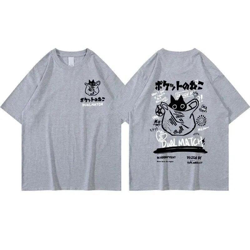 Unisex Women Cotton T-Shirt Japanese Kanji Funny Cat Printed T Shirt Harajuku Casual Short Sleeve Tshirt Streetwear Trend Tee Tops