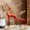 Aris & Juno Hand-Painted Copper Deer Statue Pair with Crystal Floral Antler Decor, Modern Oriental Lacquer Art Sculpture for Living Room Entryway
