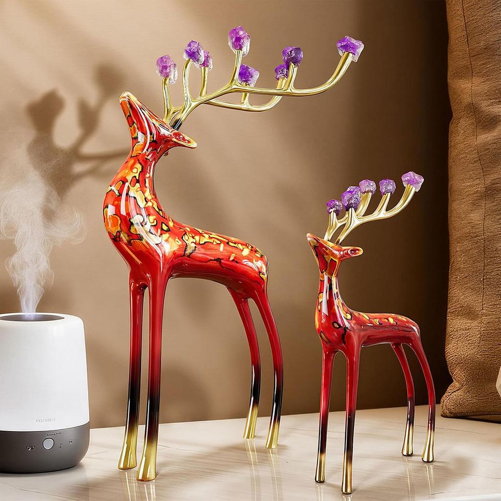Aris & Juno Hand-Painted Copper Deer Statue Pair with Crystal Floral Antler Decor, Modern Oriental Lacquer Art Sculpture for Living Room Entryway
