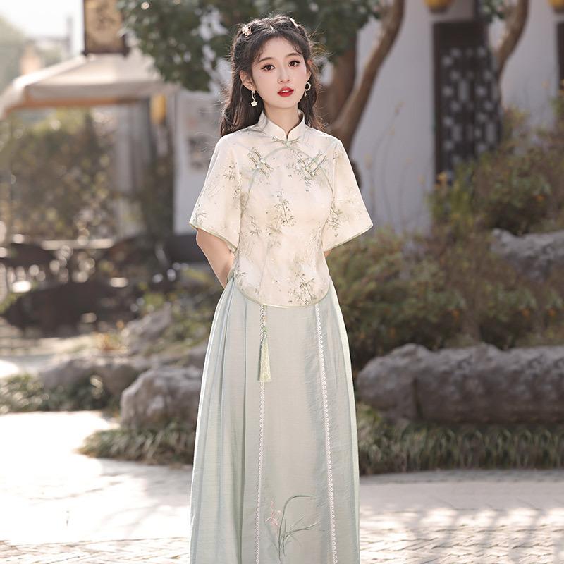 Chinese Style New Chinese Style Daily Improvement Cheongsam Top Two-piece Suit Skirt Young Girl Retro Short Sleeve Spring and Summer