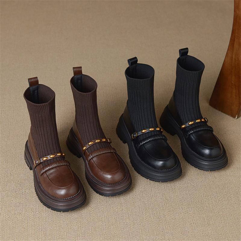 Fashion New Autumn/winter Split Leather Women Boots Round Toe Shoes for Women Fashion Skinny Boots Mid Heels Platform Chelsea Boots