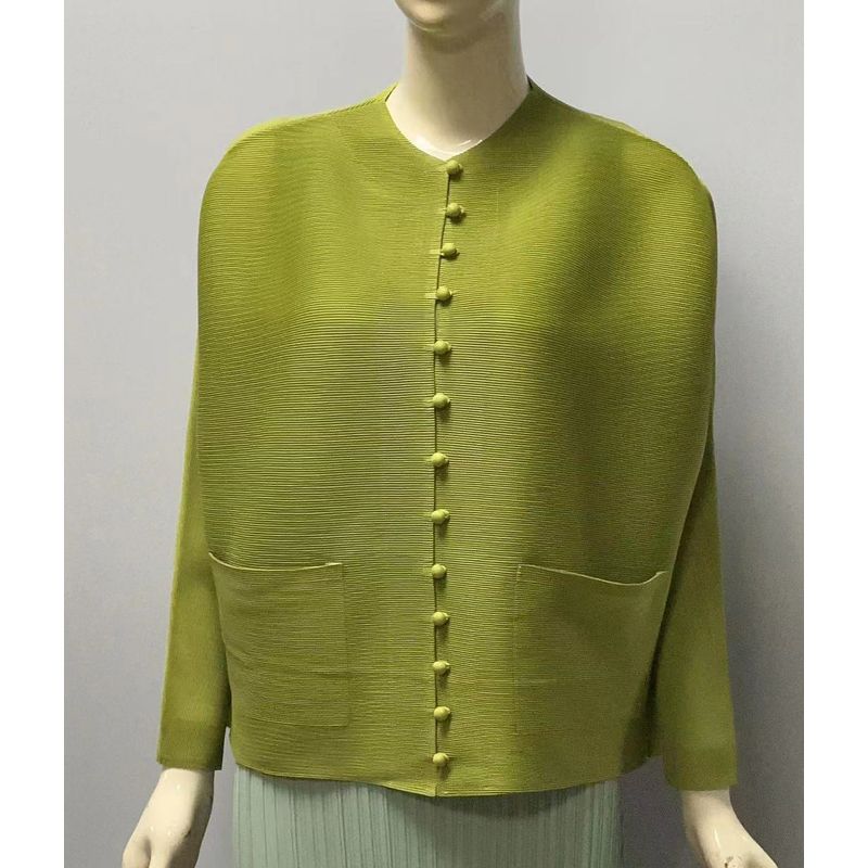 

Ruched Women s Clothing Spring & Fall New Arrival Fashion Cardigan round Neck Single Row 13 Buttons Long Sleeves Short Fat Thin Outwear Coat Fruit Green One size