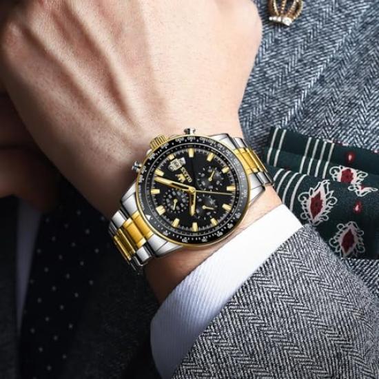 OLEVS Men's Quartz Watch, Stylish Multi-Function Watch with Stainless Steel, Waterproof, Luminous Display, Date Display, Analogue Watch for Men,