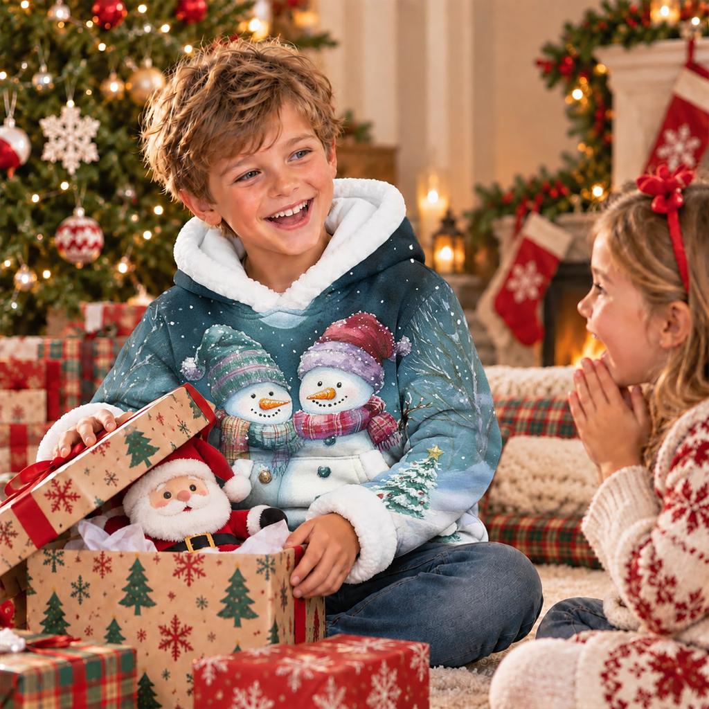 Kids Long Sleeve Christmas Print Casual Fashion Hooded Top