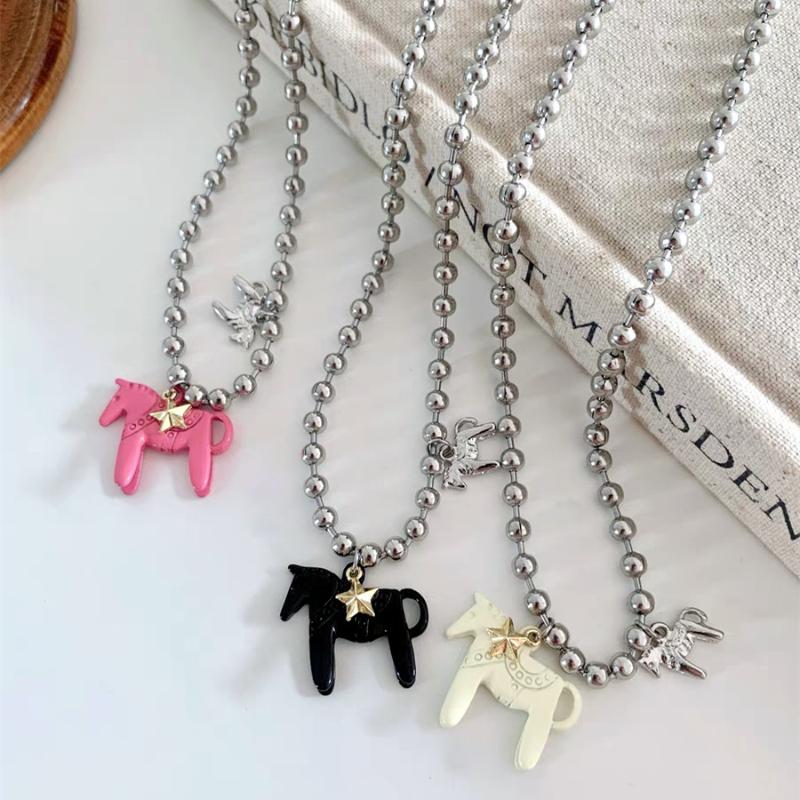 New Funny Enamel Colt Horse Pendant Necklaces For Women Silver Plated Alloy Beads Chain Chokers Jewelry Gift