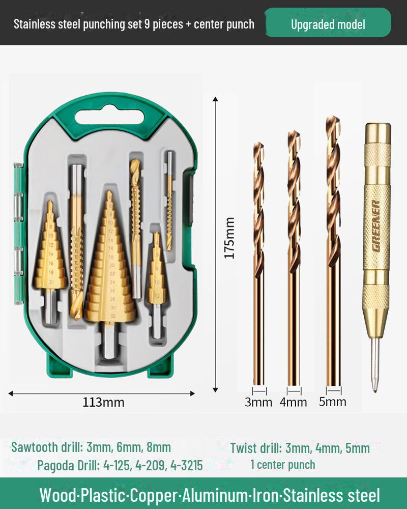 Green Forest Sawtooth Pagoda Drill Bit Set for Wood & Metal