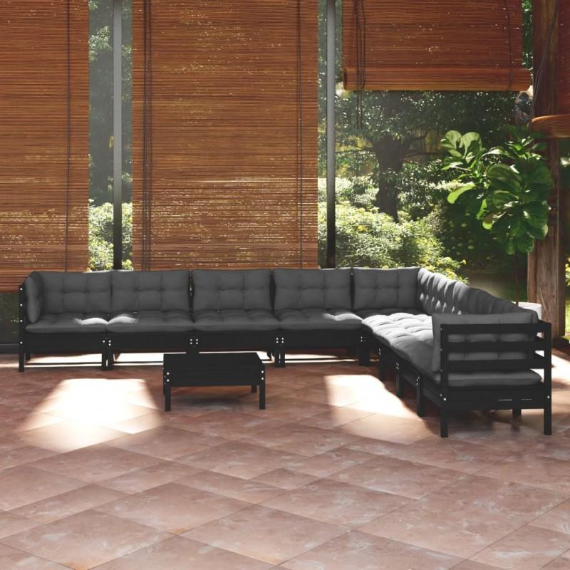 Día y Noche - Día y Noche Muebles de jardín 10 pzas con cojines negro madera maciza pino