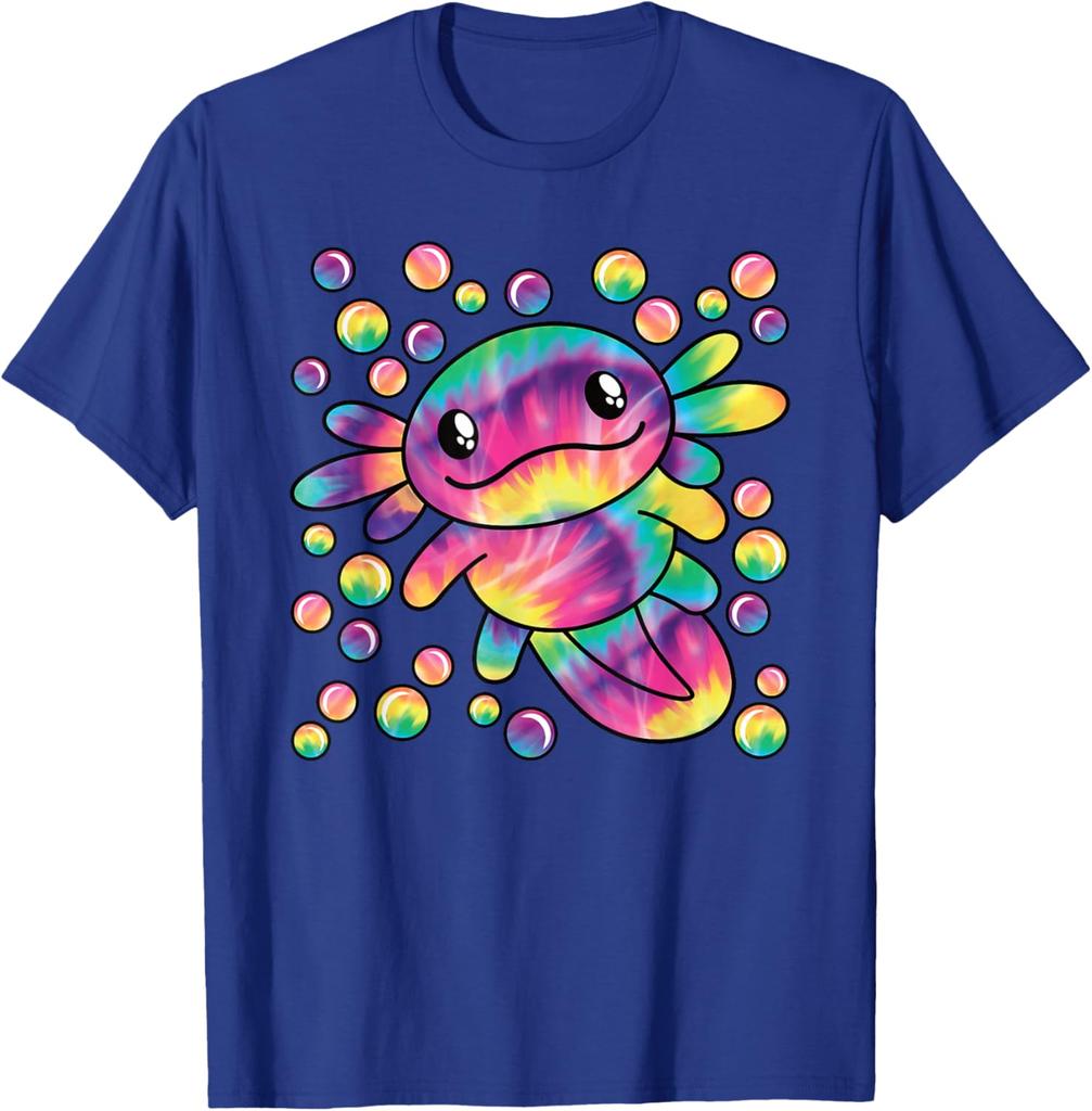 Tie Dye Axolotl Kawaii Salamander Graphic Tee Breathable Short Sleeve T-Shirt Casual for Women Men