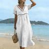 Women's Summer Round V-Neck Short-Sleeve -Color Cotton-Linen Dress With Openwork Lace