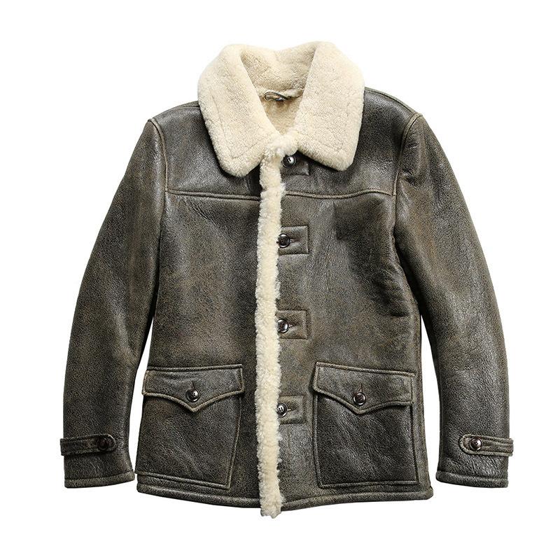 Casual Large Button Lapel Sheepskin Fur Integrated Leather Jacket Men's Push Crack Fur Jacket