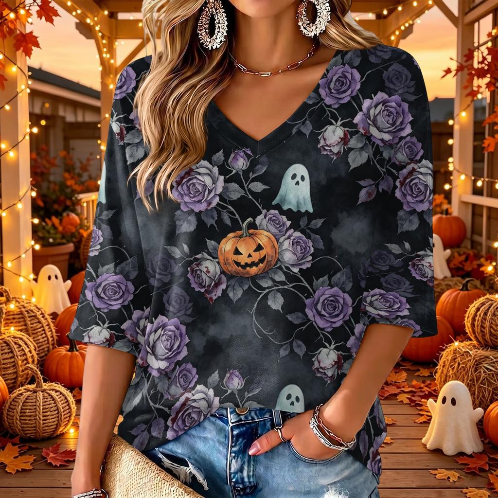 Women's V-Neck Casual Halloween Print Three-Quarter Sleeve Tunic Top for Fall Party Outfits
