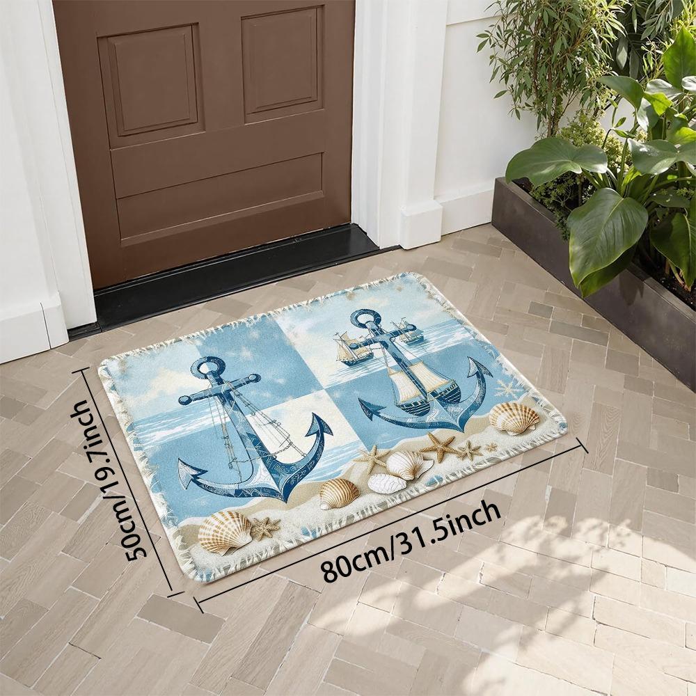 Nautical Coastal Beach Anchor Ship Doormat Welcome Mat Ocean Summer Decor Blue White Entrance Floor Mat House Rug