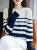Damski gruby bawełniany sweter w paski na Jesień/Zimę 2025 - 100% Bawełna Okrągły Dekolt Dzianina