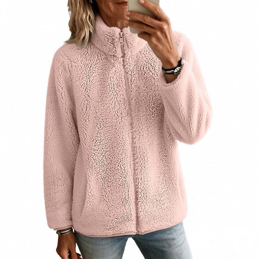 Women's Color Lined Zip Up Cardigan Jacket for Fall Winter Casual Wear