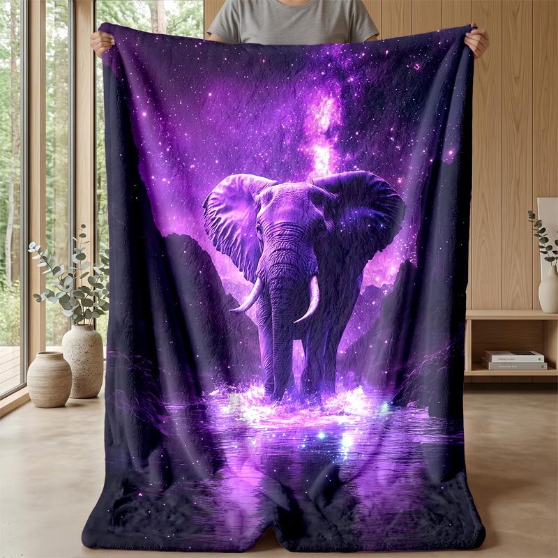 Purple Elephant In Galaxy River Theme Blanket Lightweight Warm Flannel Blanket Decorative Throw Blanket for Home Decoration