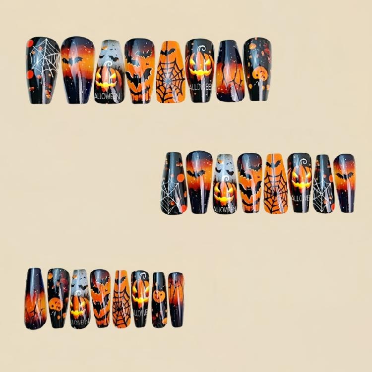 ABS Plastic Press On Nail Medium Square Halloween Design Pink Pumpkin Spiderweb Patterns For Parties And Daily Use