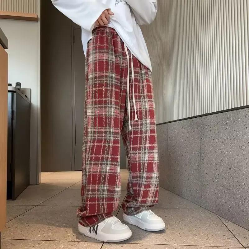 Woolen Fleece Lined Plaid Pants High Waisted Classic Vintage Black Casual Straight Leg Pants Slimming Bell Bottoms For Men Women