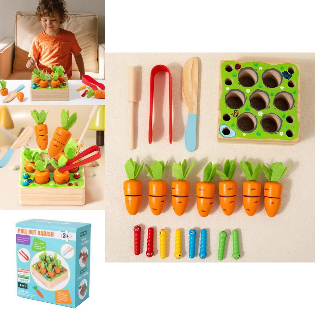 Wooden Pulling And Cutting Carrot Insect Catching Game Children Puzzle Toy For Cognitive Development