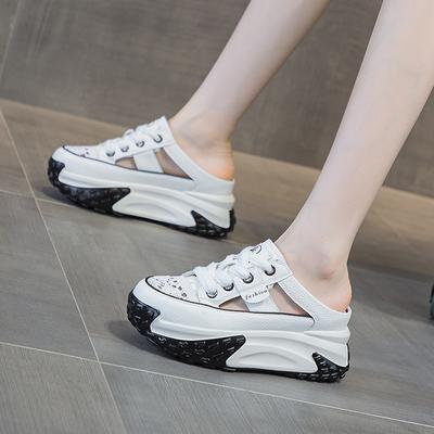 Fashion Designer Women Baotou Slippers Platform Mules Shoes Trend Lace-up Breathable Wedges Half Slippers Outdoor Women's Casual Sandals