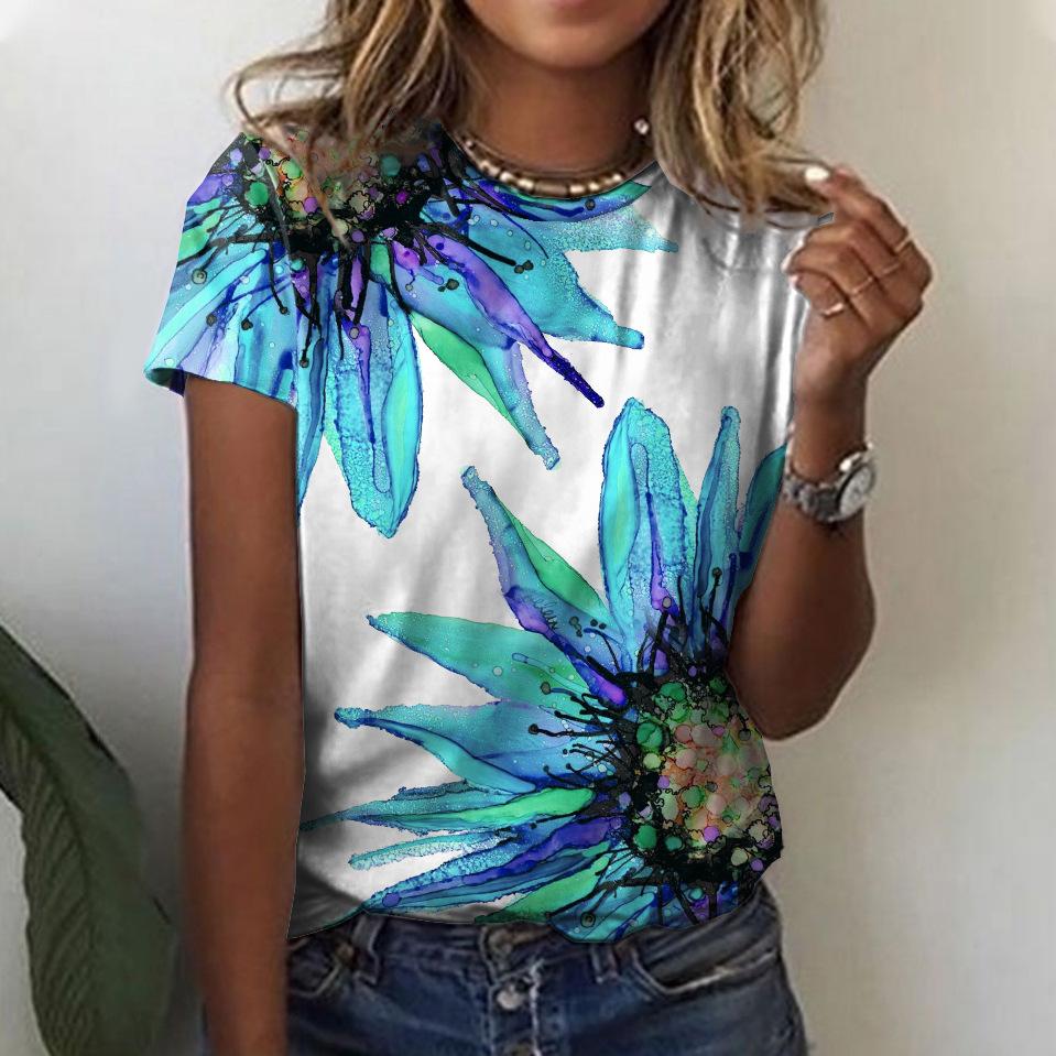 Women's Summer Loose 3D Printed Floral Round Neck Pullover Short Sleeved Top T-shirt
