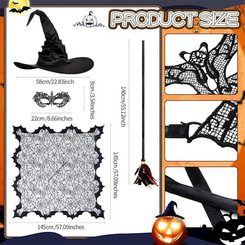 

Spider Web Cape Halloween Spiderweb Cape Eye Masque Witch Hat Broom Role-Playing Costumes for School Activities Family чорний