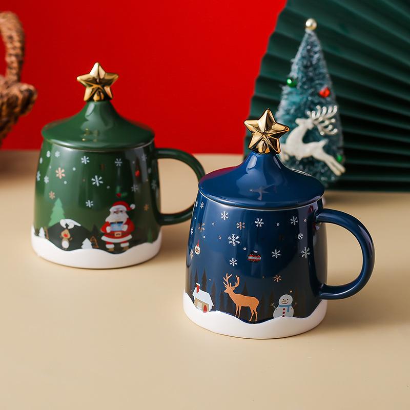 Weihnachtsgeschenk Tasse Keramik Cartoon Tasse Paar Tasse Wasserbecher Kaffeetasse mit Deckel Löffel