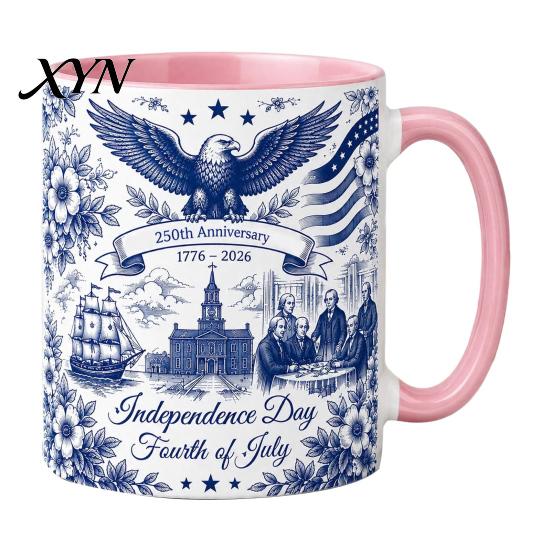 Independence Day Cup USA 250th Anniversary Blue Mug, Patriotic Ceramic Coffee with Heritage Eagle Flag Design, Gift for Veterans Men Women Durable