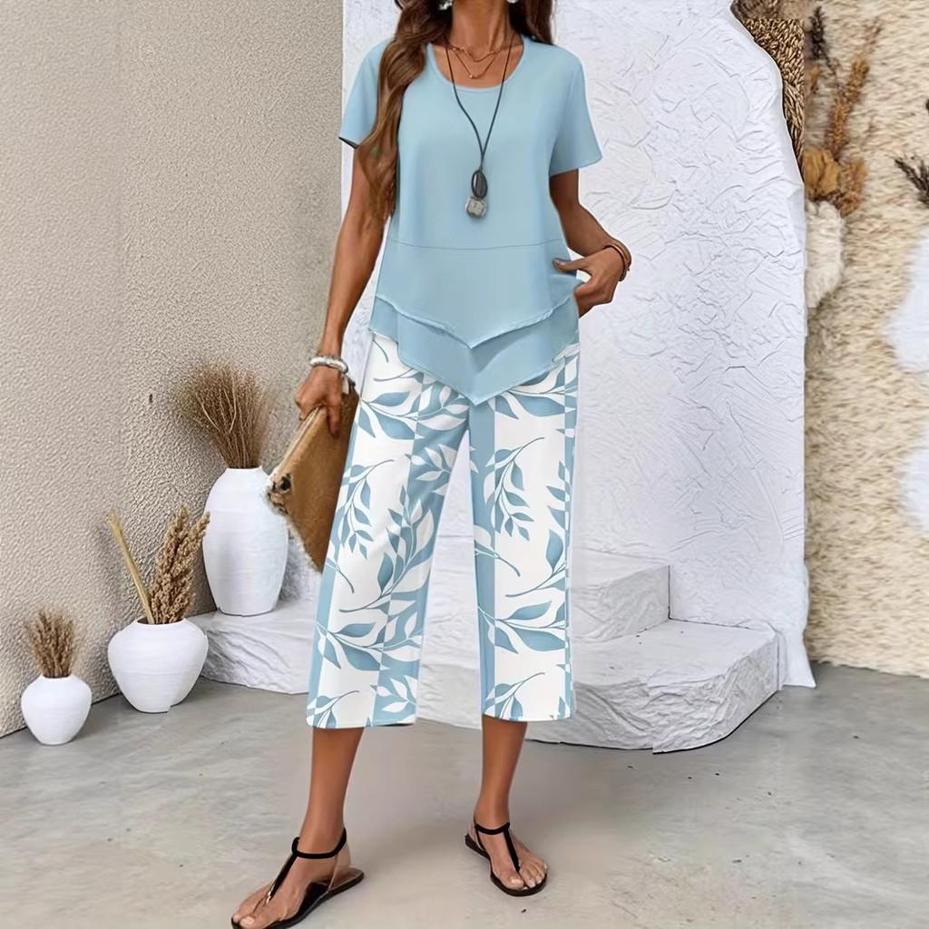 Geometric Pattern T Shirt Set With Stretch Polyester For Casual Summer Womens Fashion