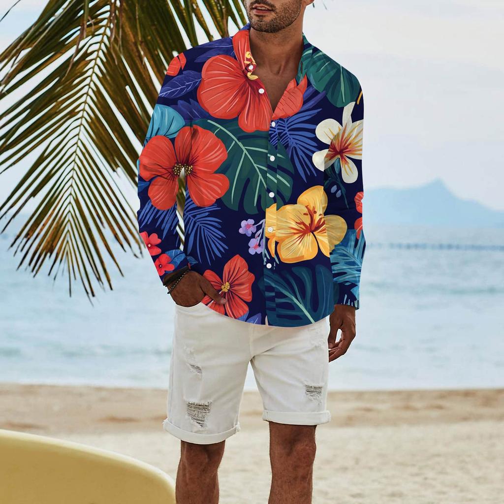 Men's Fashion Long Sleeve Printed Casual T Shirt Button Regular Fit Shirt Top