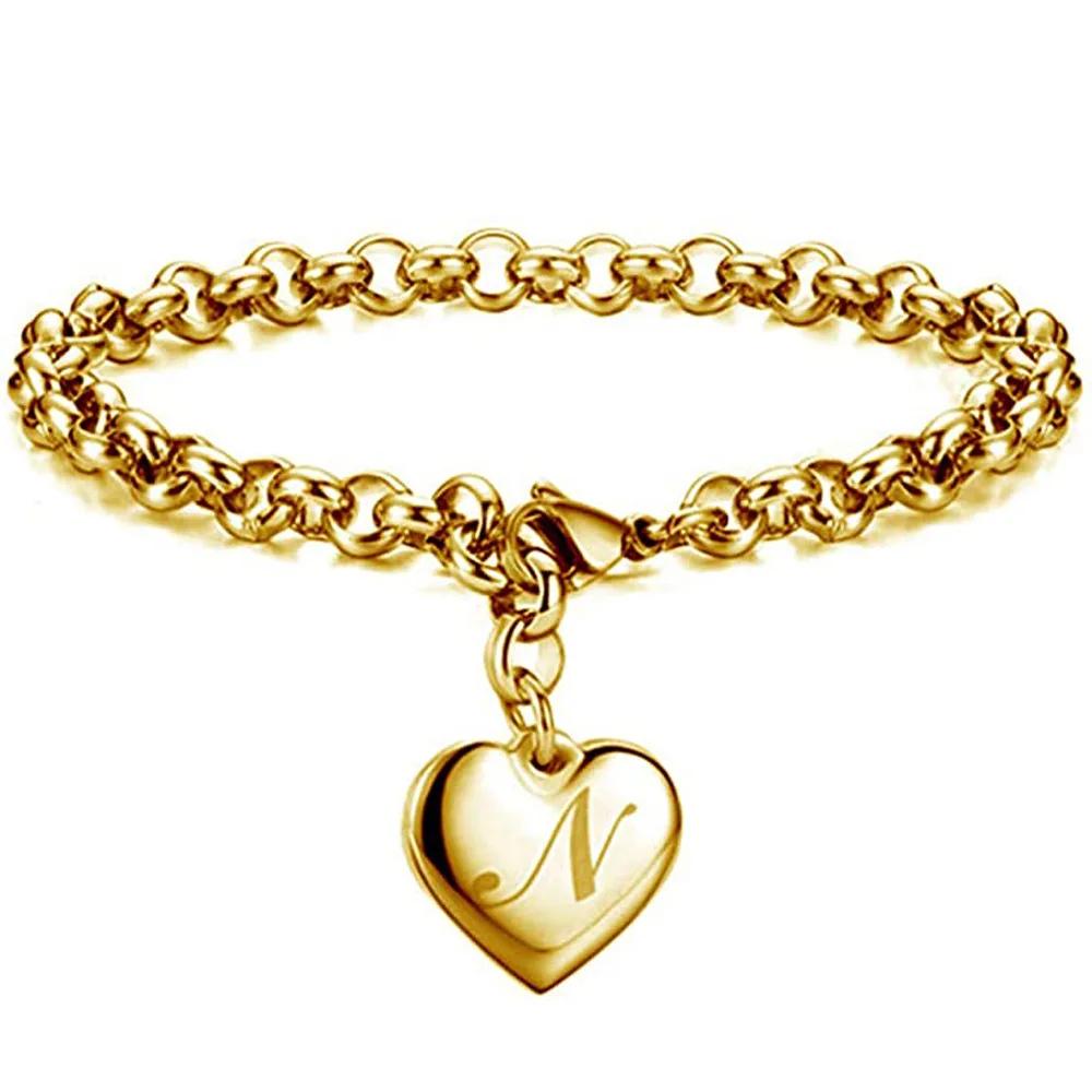 1 StückNeuer Goldfarbener Initialbuchstabe Herzanhänger Armbänder Für Frauen Edelstahl Gliederkettenarmband Mit 26 Buchstaben Graviert