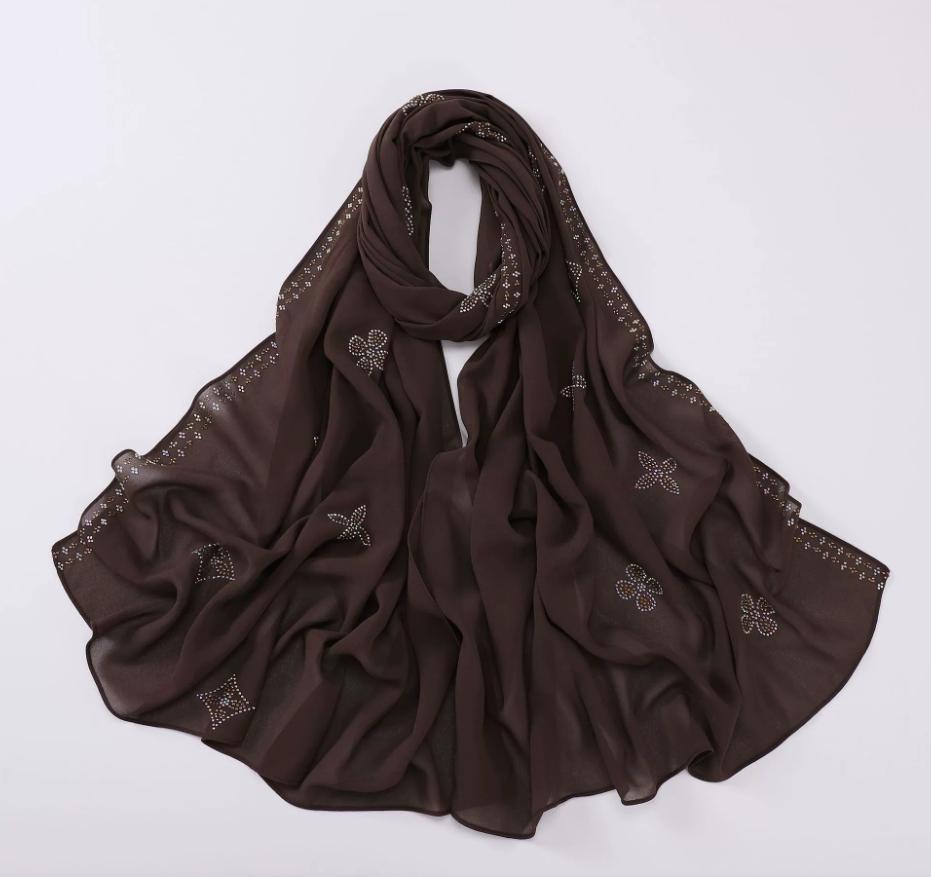 New Chiffon Hijab With Rhinestones Diamonds Scarf Shawls Solid Headscarf Wraps Ramadan Eid Hijabs Glitter Headband Turban