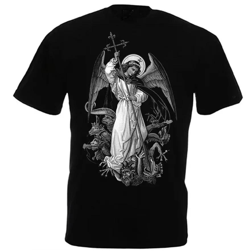 Saint Michael The Archangel Destroy Devil Catolic T-Shirt Premium Short Sleeve O Neck Mens T Shirt New Loose Summer Tees Top