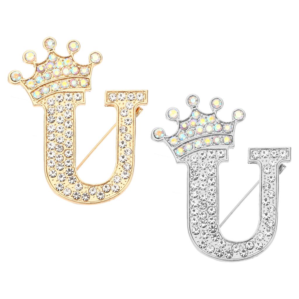 2pcs Letter Brooch Pins Crown Initial Rhinestone Alphabet A-W Letter Lapel Badges Pin for Women Suits Dress Coat Clothes Craft