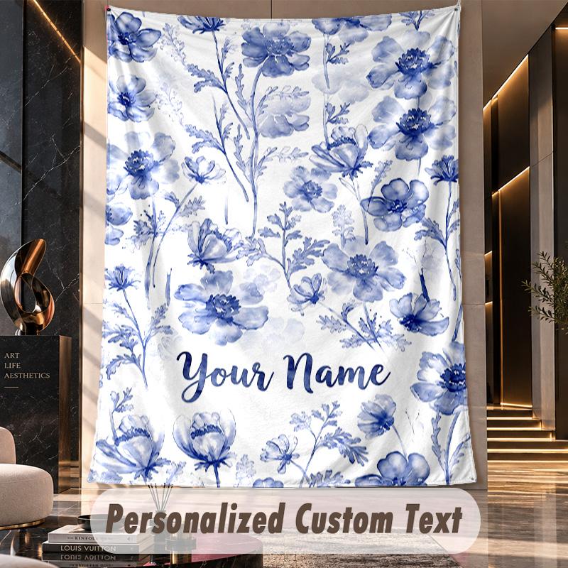 Blue Floral 1 Theme Wall Tapestry Customized With Name Text Personalized Hanging Tapestry For Bedroom Living Room Decor