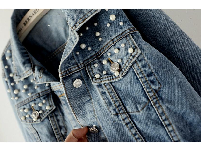 Jachetă de blugi cu mărime plus pentru femei, cu mărgele și strasuri - Trendy, largă, stil studențesc