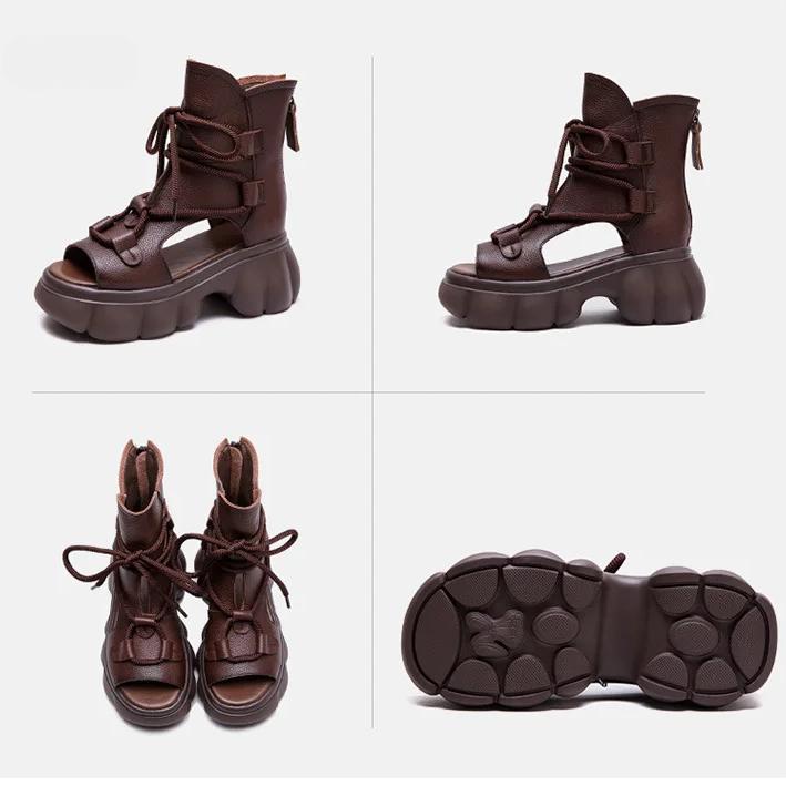 Johnature Retro Hollow-out Peep Toe Roman Sandals Fashionable Front Lace Up Women's Platform Shoes