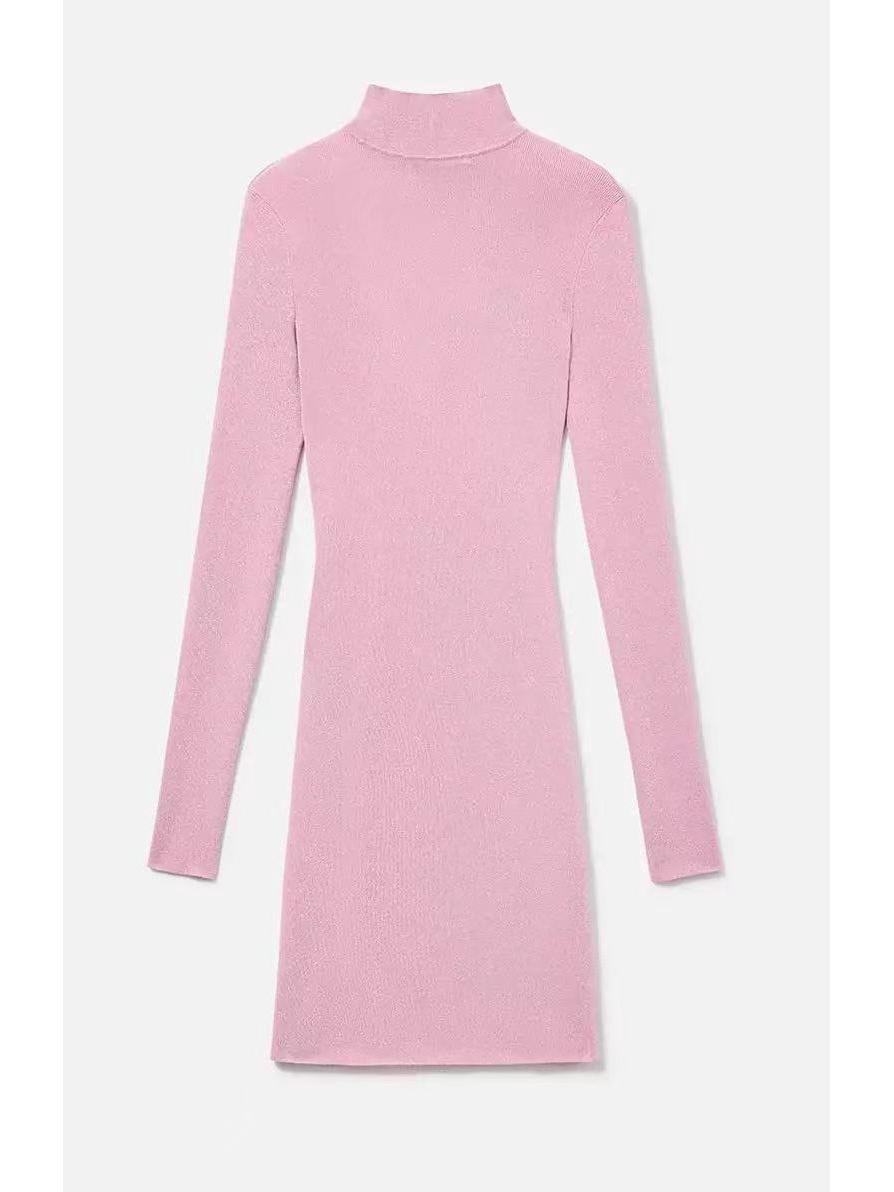 

2025SP Early Autumn Slimming Knit Dress with Exposed Back and Half-High Collar Small розовый