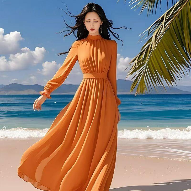 Elegant Women's Purple Long Sleeve Spring-Autumn Seaside Vacation Dress with Waist-Cinched Wide Hem, 2025 New Style.