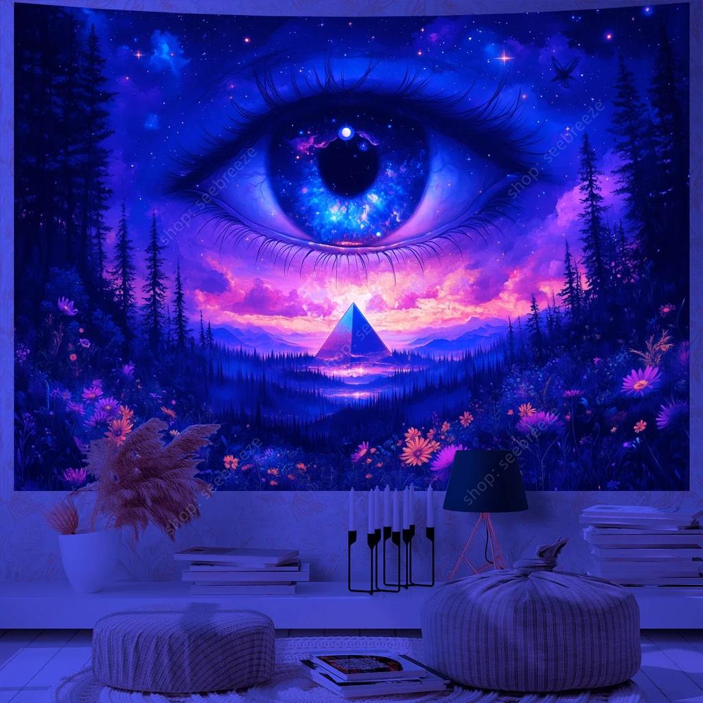 Psychedelic Eye of God UV Reactive Tapestry for Witchcraft Hippie Wall Hanging Bohemian Mandala Art Aesthetic Room Wall Decor