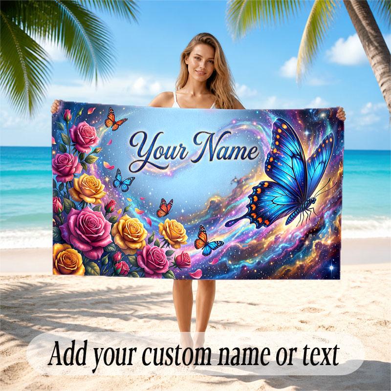 Butterfly Theme Soft Beach Towel Personalized Custom Name Text Towel Portable for Beach Pool Travel