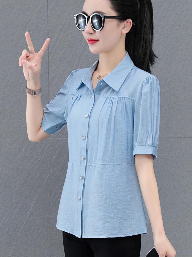 Cotton Linen Slimming Short Sleeve Women's Shirt - Summer 2026 Mother's Stylish Top
