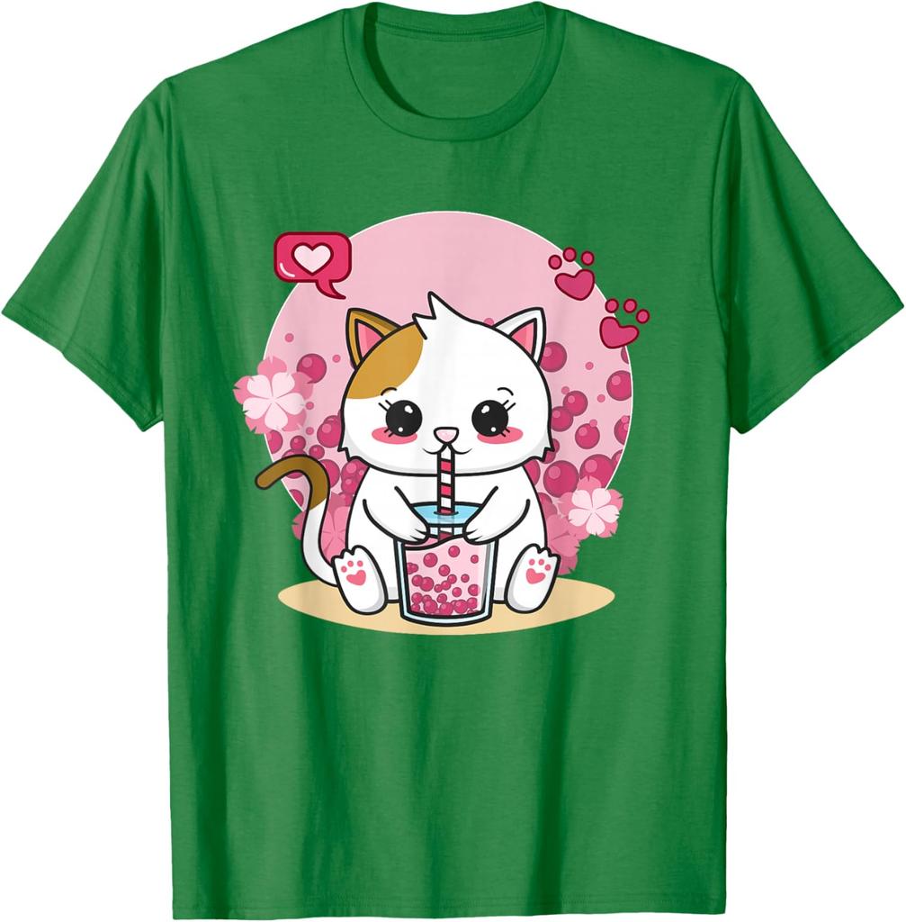 Kawaii Cat Boba Tea Drink Lover Graphic Tee Cute Anime Neko Kitten T-Shirt Unisex Casual Trip