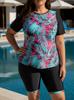European & American Plus Size Two-Piece Swimsuit for Women - Sun Protection Vest & Printed Briefs with Red Leaves Design