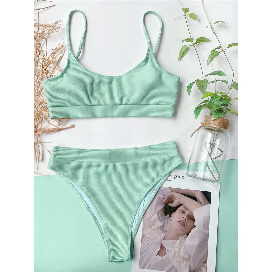 

Жіночий купальник із високою талією, 9 кольорів, бікіні з ребристою підкладкою. Жіночий купальний костюм із двох частин. Набір бікіні. Купальний костюм для плавання. L зелений