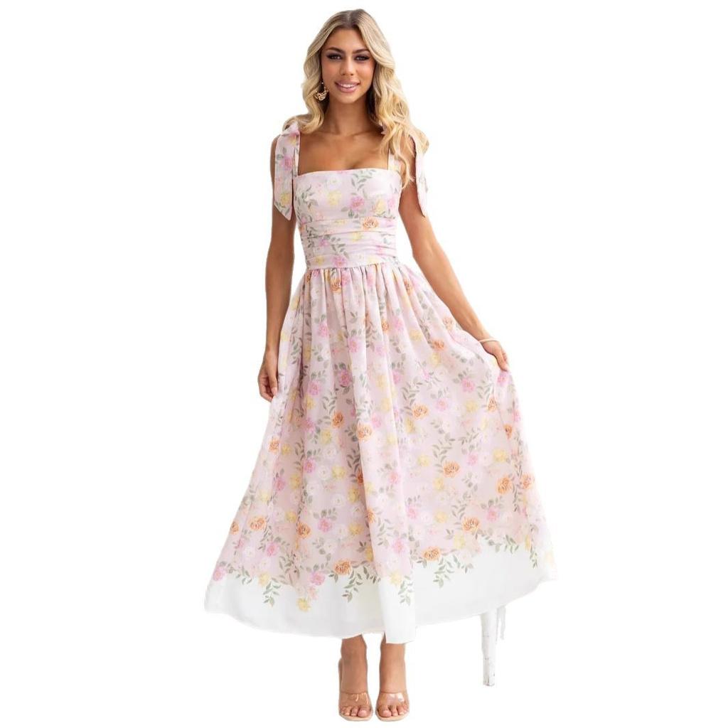 This Summer's New Resort-style French Floral Floral Cinched-waist Slimming, Color-block Strappy Jumpsuit Dress